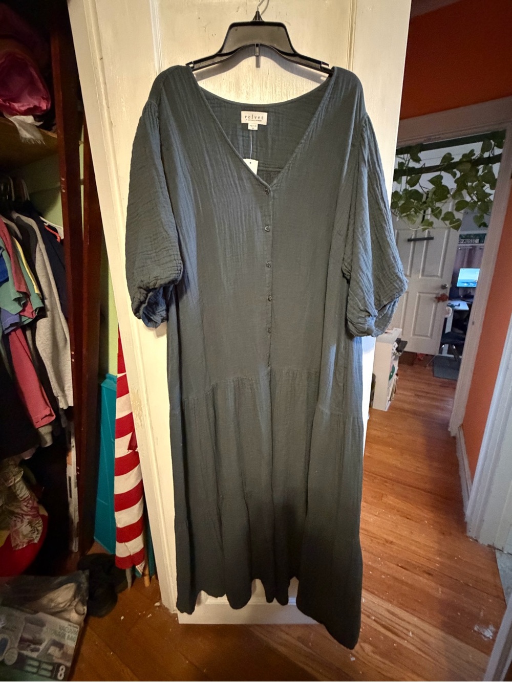 NWT Velvet by Graham & Spencer Charcoal V-Neck Button-Front Maxi Dress
